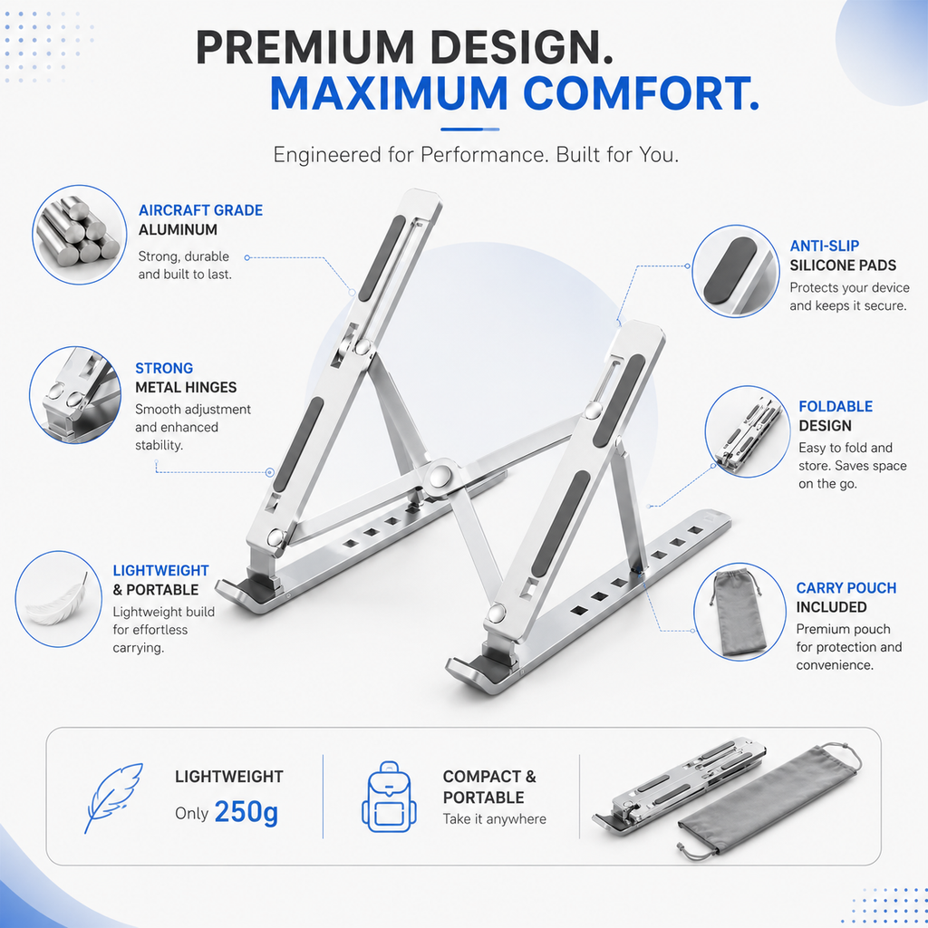 KavachCore Aluminum Laptop Stand for MacBook, Foldable Portable Laptop Riser for Laptop, Tablet & Mobile up to 15.6 Inch, Adjustable Ergonomic Stand - Silver