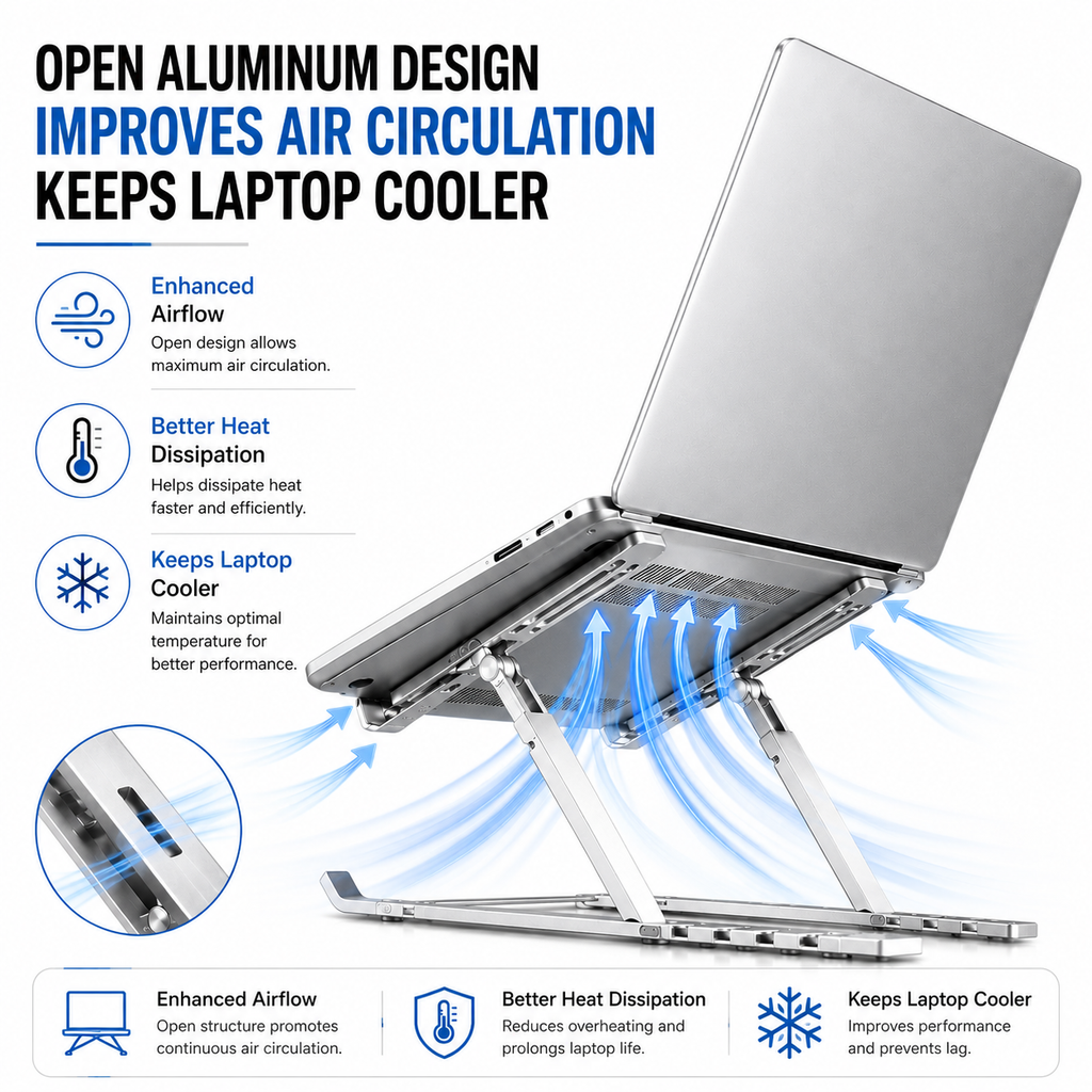 KavachCore Aluminum Laptop Stand for MacBook, Foldable Portable Laptop Riser for Laptop, Tablet & Mobile up to 15.6 Inch, Adjustable Ergonomic Stand - Silver