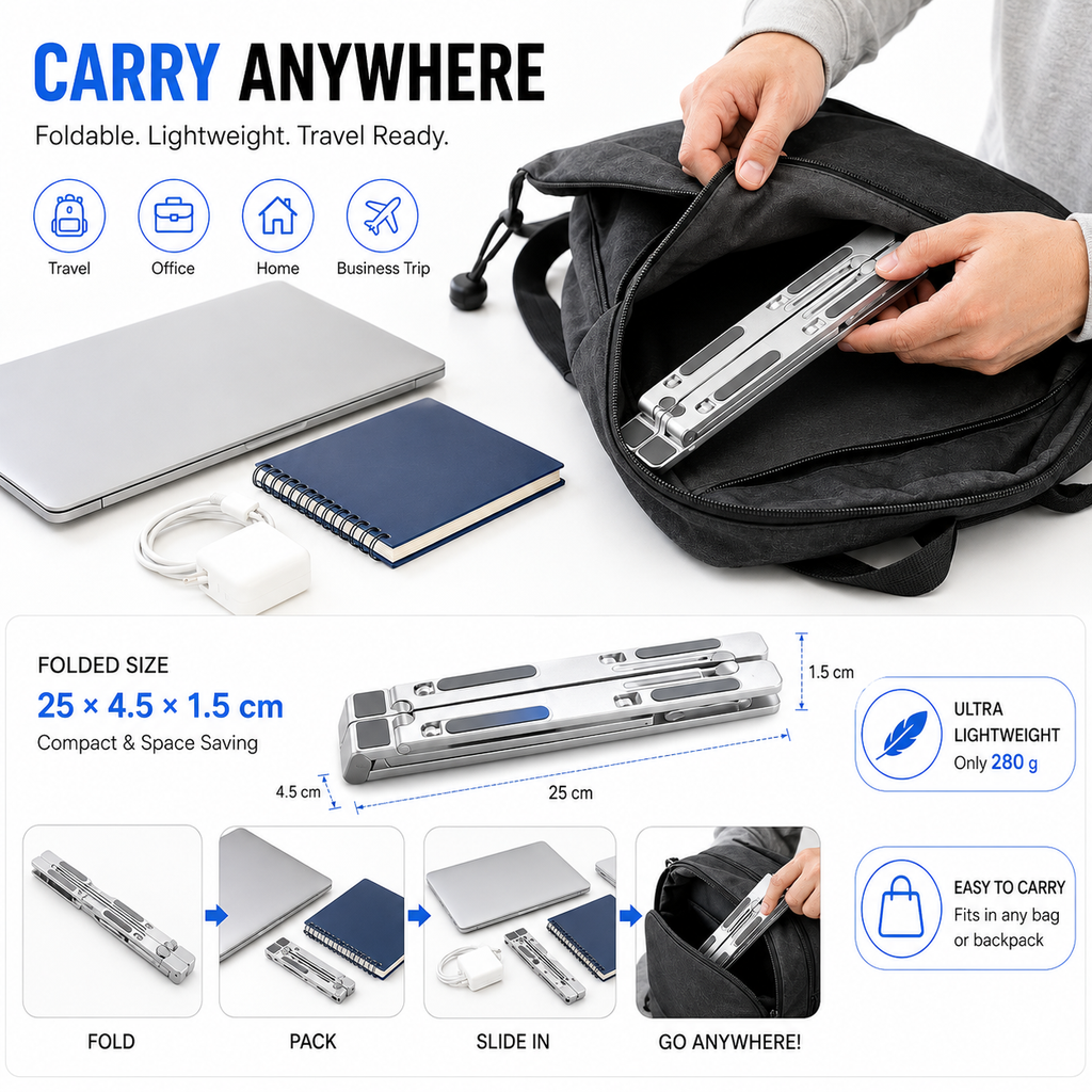 KavachCore Aluminum Laptop Stand for MacBook, Foldable Portable Laptop Riser for Laptop, Tablet & Mobile up to 15.6 Inch, Adjustable Ergonomic Stand - Silver
