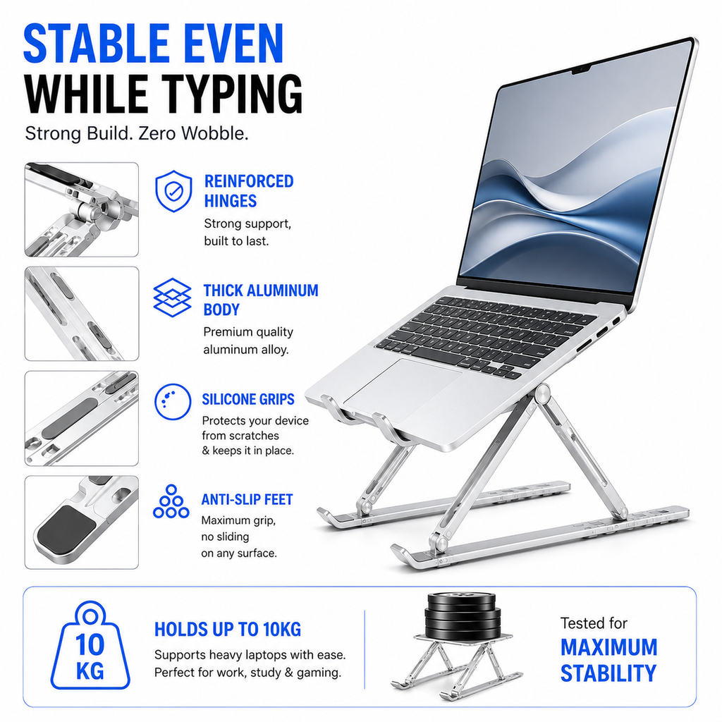KavachCore Aluminum Laptop Stand for MacBook, Foldable Portable Laptop Riser for Laptop, Tablet & Mobile up to 15.6 Inch, Adjustable Ergonomic Stand - Silver