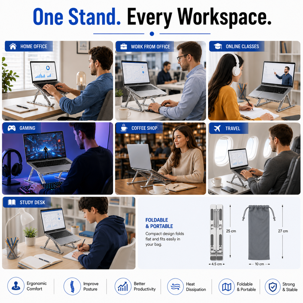 KavachCore Aluminum Laptop Stand for MacBook, Foldable Portable Laptop Riser for Laptop, Tablet & Mobile up to 15.6 Inch, Adjustable Ergonomic Stand - Silver