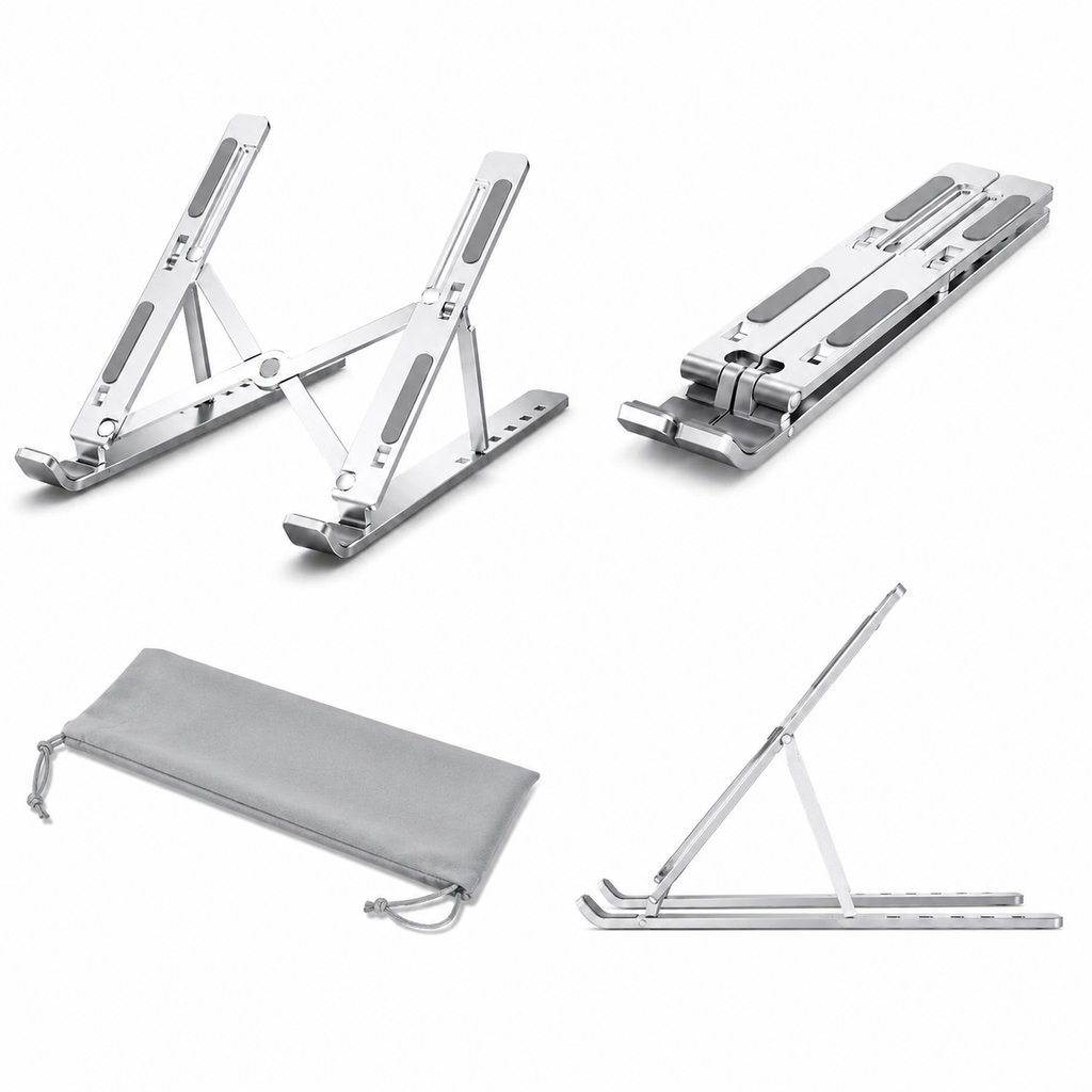 KavachCore Aluminum Laptop Stand for MacBook, Foldable Portable Laptop Riser for Laptop, Tablet & Mobile up to 15.6 Inch, Adjustable Ergonomic Stand - Silver