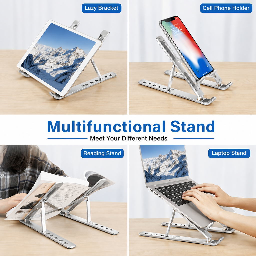 KavachCore Aluminum Laptop Stand for MacBook, Foldable Portable Laptop Riser for Laptop, Tablet & Mobile up to 15.6 Inch, Adjustable Ergonomic Stand - Silver