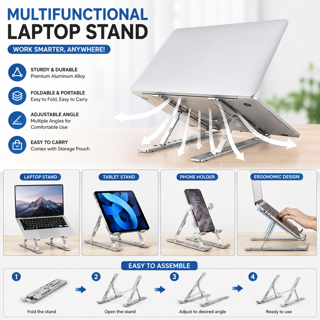KavachCore Aluminum Laptop Stand for MacBook, Foldable Portable Laptop Riser for Laptop, Tablet & Mobile up to 15.6 Inch, Adjustable Ergonomic Stand - Silver