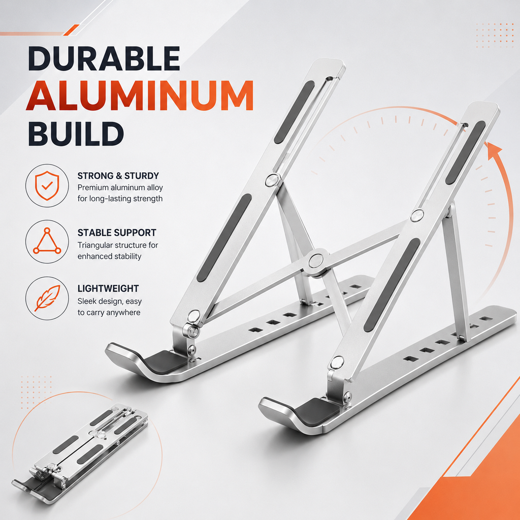 KavachCore Aluminum Laptop Stand for MacBook, Foldable Portable Laptop Riser for Laptop, Tablet & Mobile up to 15.6 Inch, Adjustable Ergonomic Stand - Silver
