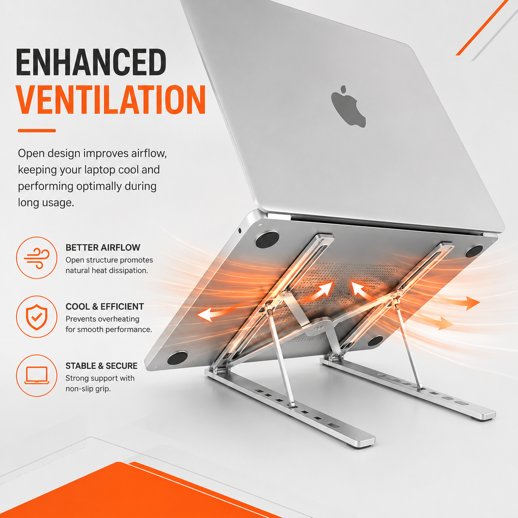 KavachCore Aluminum Laptop Stand for MacBook, Foldable Portable Laptop Riser for Laptop, Tablet & Mobile up to 15.6 Inch, Adjustable Ergonomic Stand - Silver