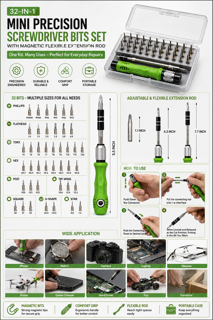 KavachCore 32-in-1 Precision Magnetic Screwdriver Set – Mini Repair & Disassembly Tool Kit