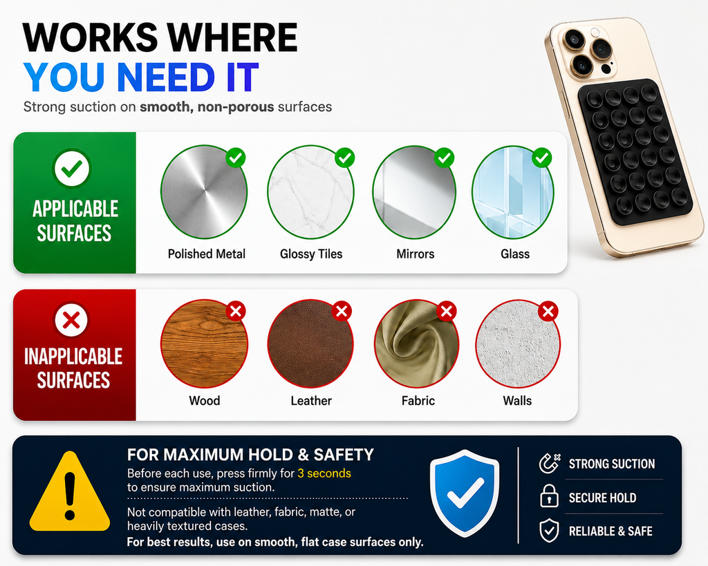 KavachCore Suction Phone Holder for Mirror, Glass & Smooth Surfaces – Hands-Free Mobile Phone Grip
