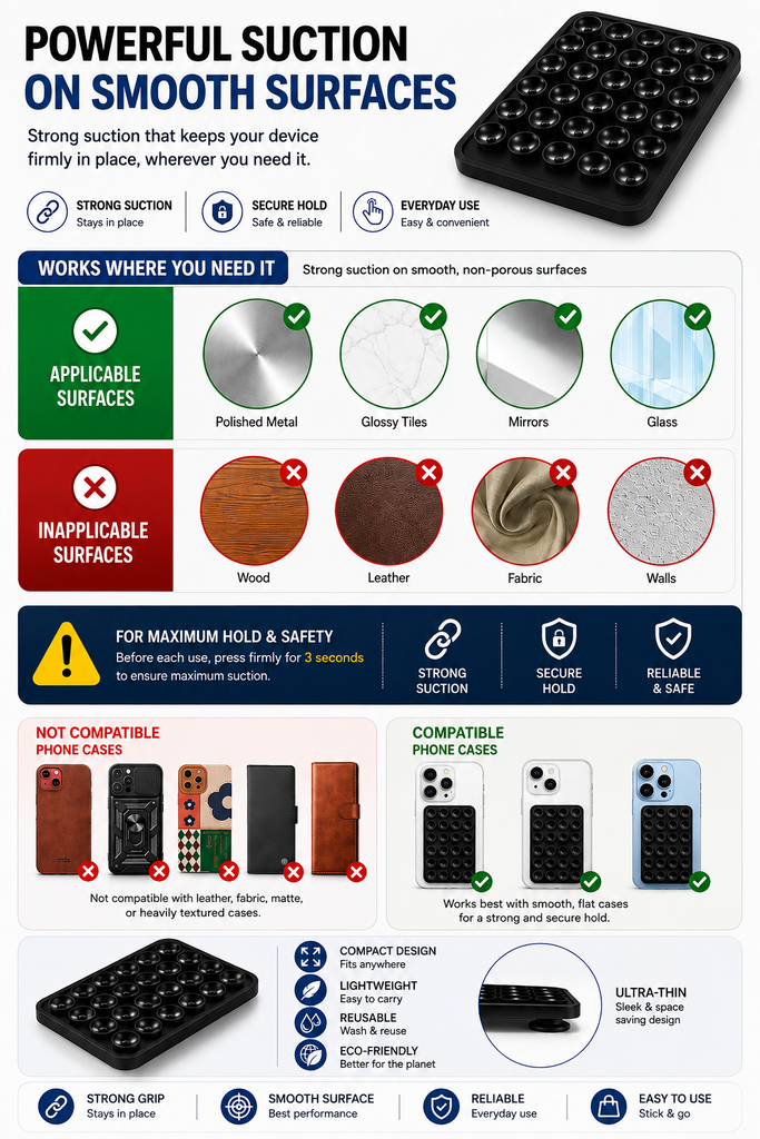 KavachCore Suction Phone Holder for Mirror, Glass & Smooth Surfaces – Hands-Free Mobile Phone Grip