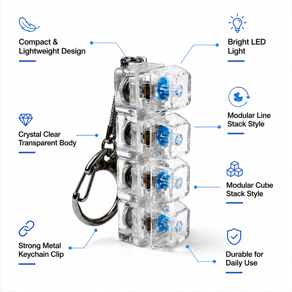 KavachCore 4-in-1 LED Keyboard Fidget Keychain – Mechanical Click Switch Stress Relief Toy