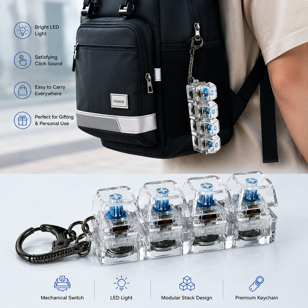 KavachCore 4-in-1 LED Keyboard Fidget Keychain – Mechanical Click Switch Stress Relief Toy