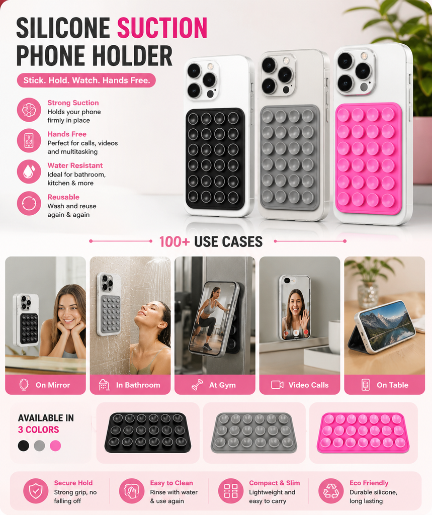 KavachCore Suction Phone Holder for Mirror, Glass & Smooth Surfaces – Hands-Free Mobile Phone Grip